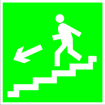E14 направление к эвакуационному выходу по лестнице вниз (левосторонний) (пластик, 200х200 мм) - Знаки безопасности - Эвакуационные знаки - Магазин товаров по охране труда и технике безопасности.