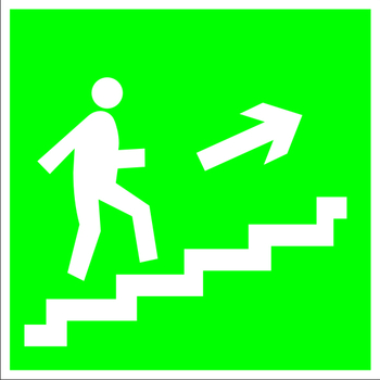 E15 направление к эвакуационному выходу по лестнице вверх (правосторонний) (пластик, 200х200 мм) - Знаки безопасности - Эвакуационные знаки - Магазин товаров по охране труда и технике безопасности.