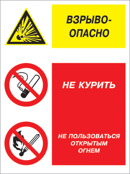 Кз 11 взрывоопасно - не курить и не пользоваться открытым огнем. (пластик, 300х400 мм) - Знаки безопасности - Комбинированные знаки безопасности - Магазин товаров по охране труда и технике безопасности.