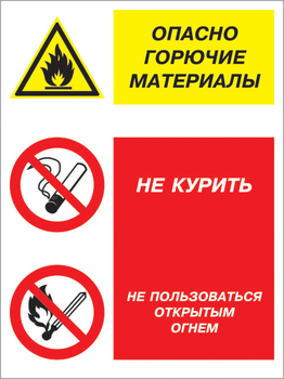 Кз 10 опасно горючие материалы - не курить и не пользоваться открытым огнем. (пленка, 400х600 мм) - Знаки безопасности - Комбинированные знаки безопасности - Магазин товаров по охране труда и технике безопасности.