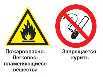 Кз 23 пожароопасно - легковоспламеняющиеся вещества. запрещается курить. (пленка, 400х300 мм) - Знаки безопасности - Комбинированные знаки безопасности - Магазин товаров по охране труда и технике безопасности.
