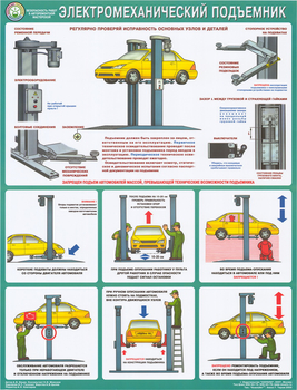 ПС54 Безопасность в авторемонтной мастерской. электромеханический подъемник (пластик, А2, 1 лист) - Плакаты - Автотранспорт - Магазин товаров по охране труда и технике безопасности.