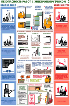 ПС50 Безопасность работ с электропогрузчиками (пластик, А2, 2 листа) - Плакаты - Безопасность труда - Магазин товаров по охране труда и технике безопасности.